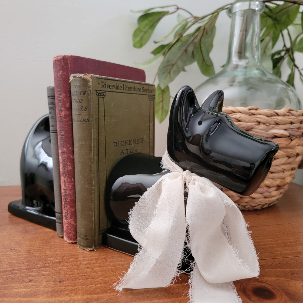 Vintage Glossy Black Ceramic Scottie Dog Bookends